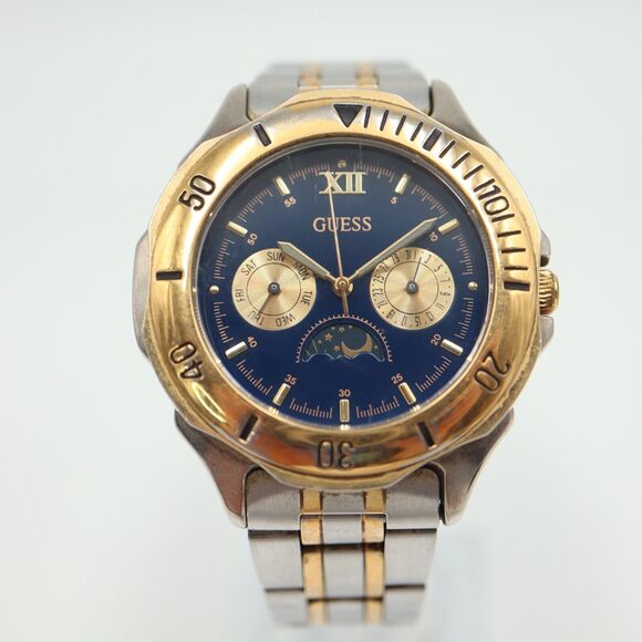 Vintage GUESS Moon Phase Men Watch 38mm Blue Dial Day Date 1995 w New Battery - Picture 5 of 15